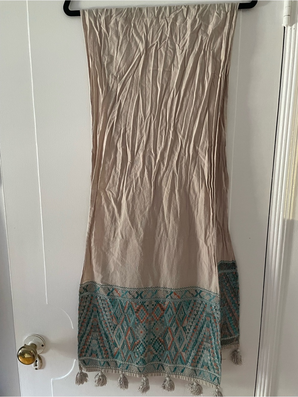 J Crew Beige Scarf with Turquoise Embroidered Hem